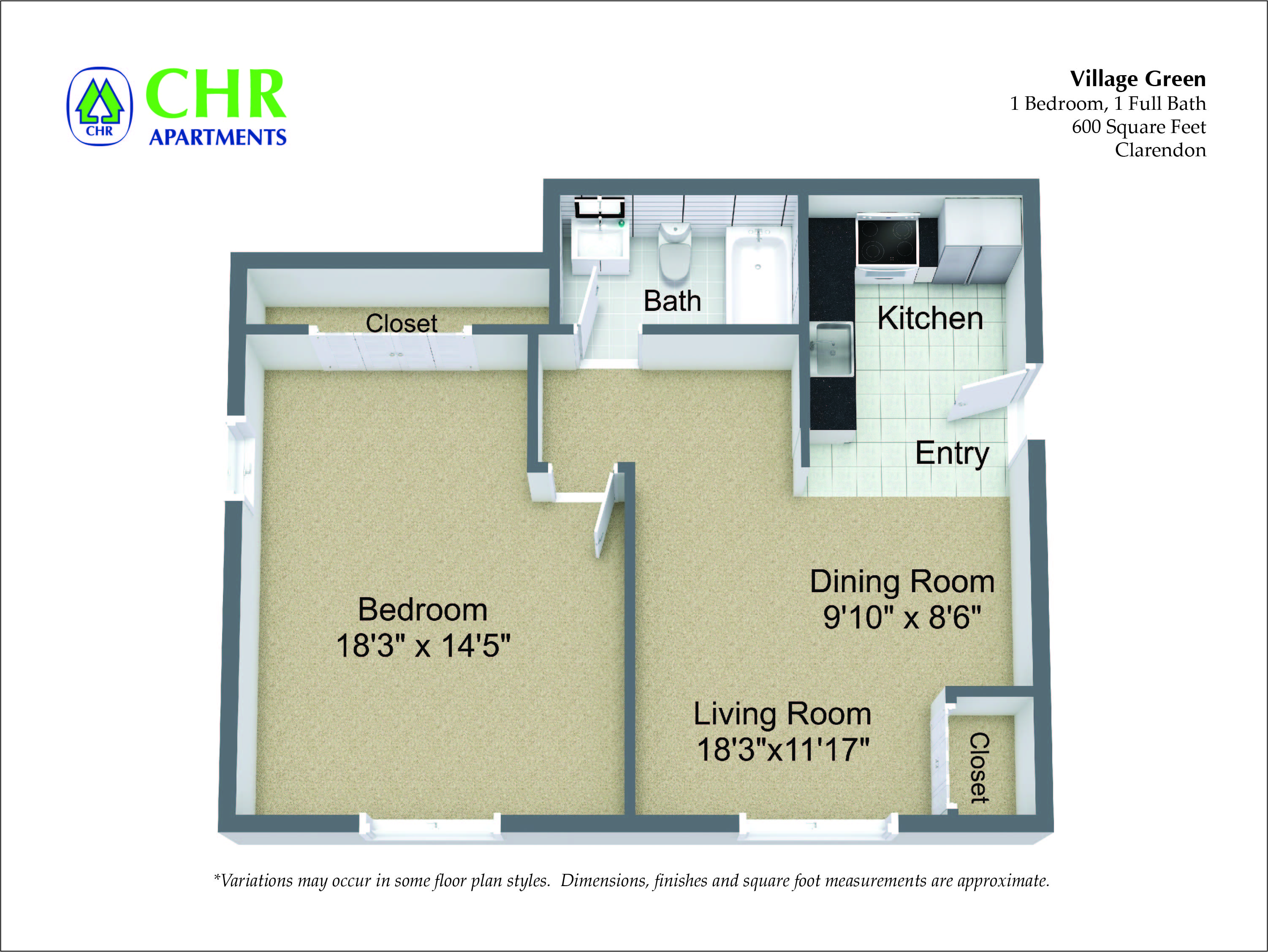 Floor plan for 1 bed, 1 bath, 600 sqft